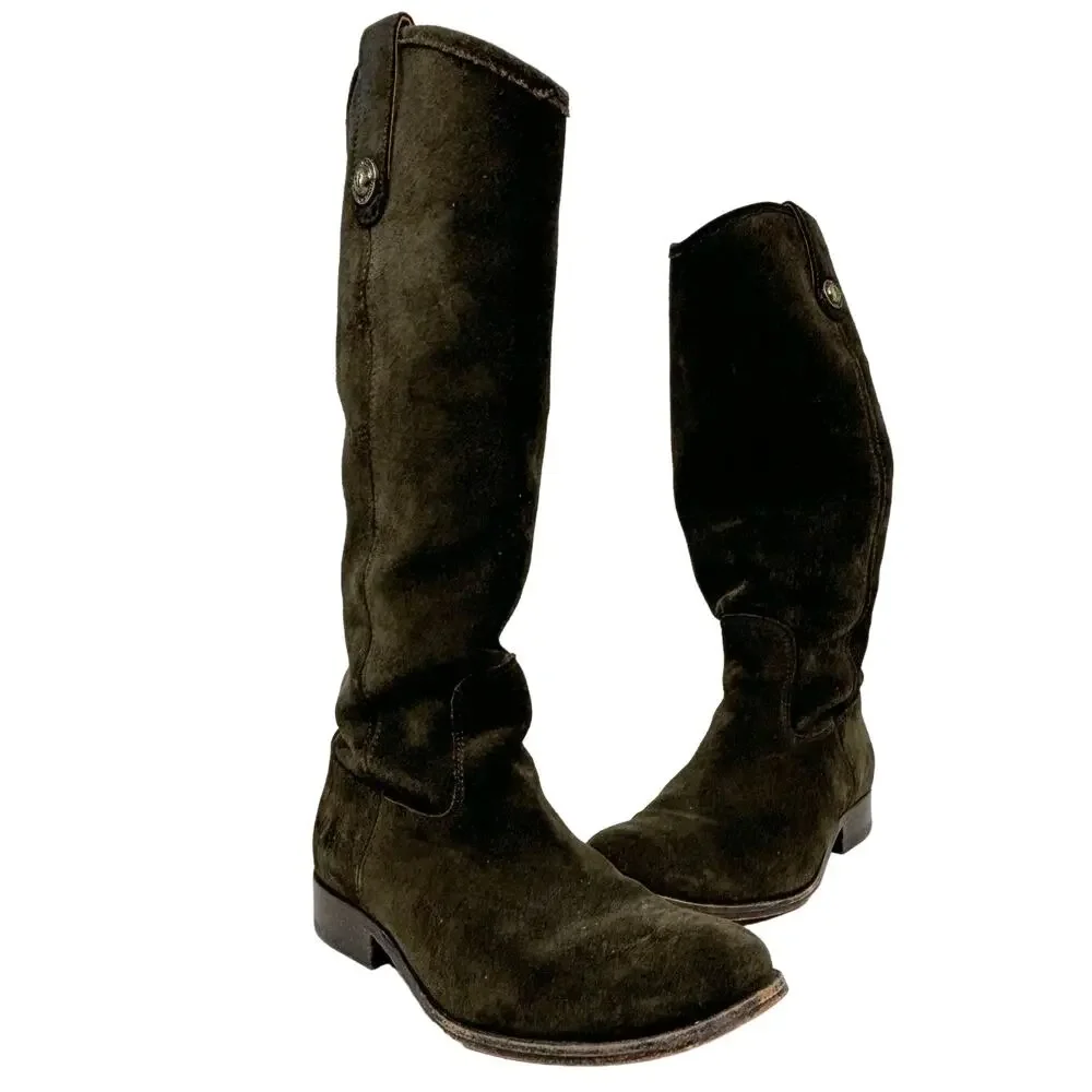 Frye Melissa Button Green, Fatigue Suede Tall Riding Boots 6
